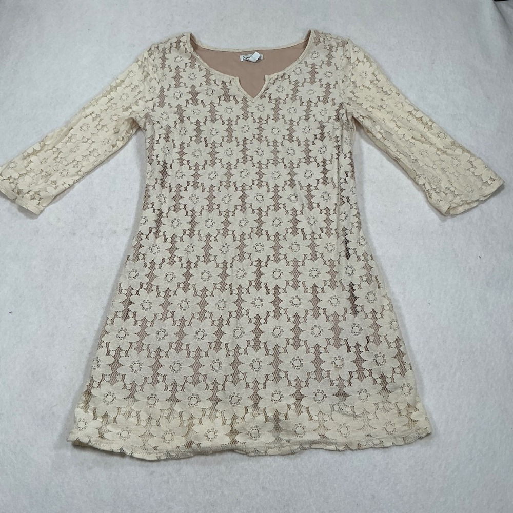 Speechless Ivory Floral Lace Shift Dress Tan Lining Notch Neck 3/4 Sleeve Large